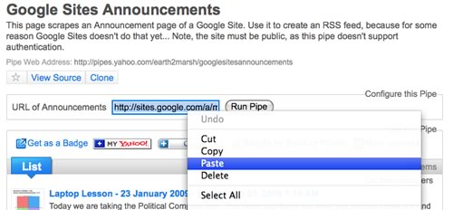 Yahoo! Pipes - paste Google Sites 'announcements' page URL
