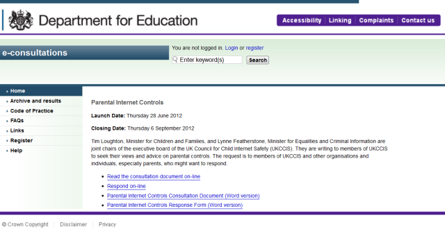 The Department for Education's consultation on 'Parental Internet Controls'