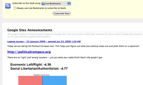 RSS feed created from Google Sites announcement page using Yahoo! Pipes