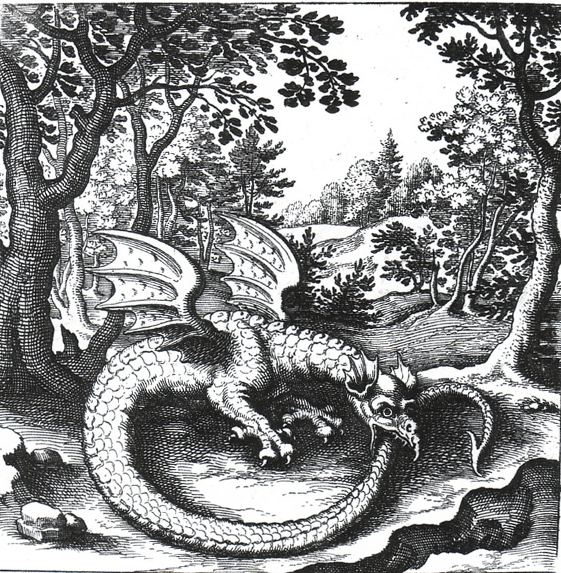 An etching of a wyvern (a dragon-like creature) eating its own tail, by 
Lucas Jennis  (1590–1630)