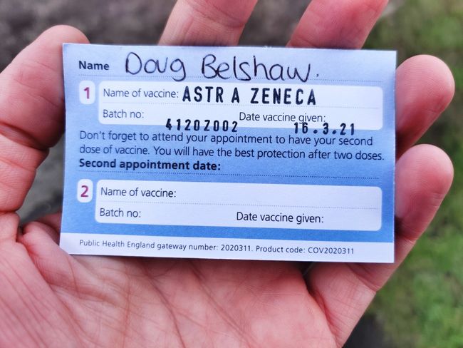 Card with name 'Doug Belshaw' and details of Astra Zeneca COVID vaccine batch number (4120Z002) and date (16.3.21)