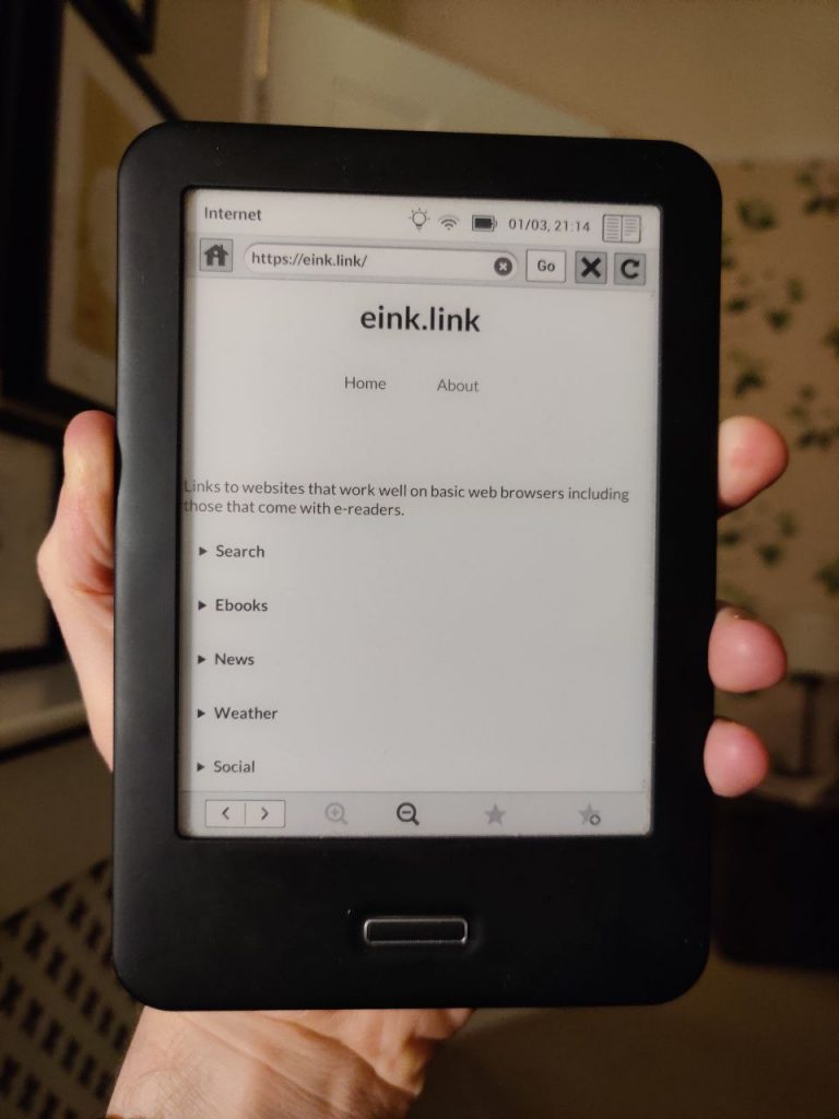 E-reader showing eink.link in web browser