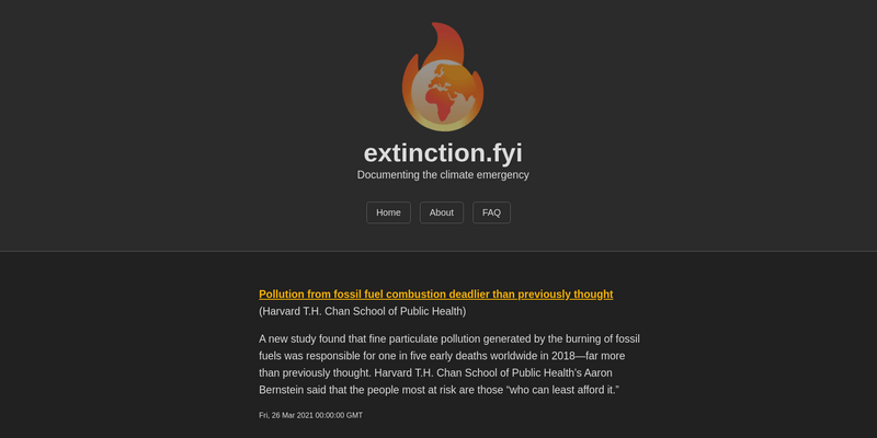 New version of extinction.link with new logo (earth on fire) and strapline "Documenting the climate emergency"