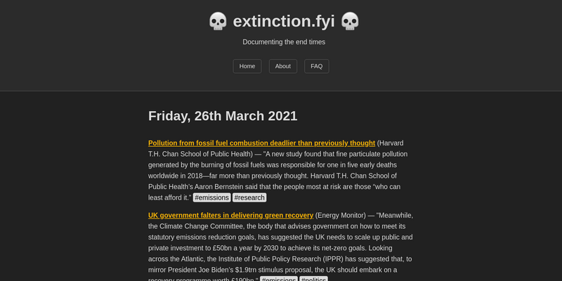 Old version of extinction.link complete with skulls and strapline "Documenting the end times"