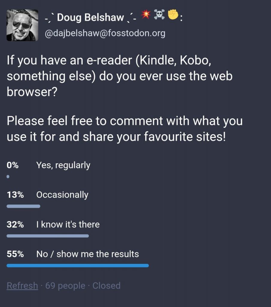 Results from Mastodon:

0% Yes, regularly
13% Occasionally
32% I know it's there
55% No / show me the results
