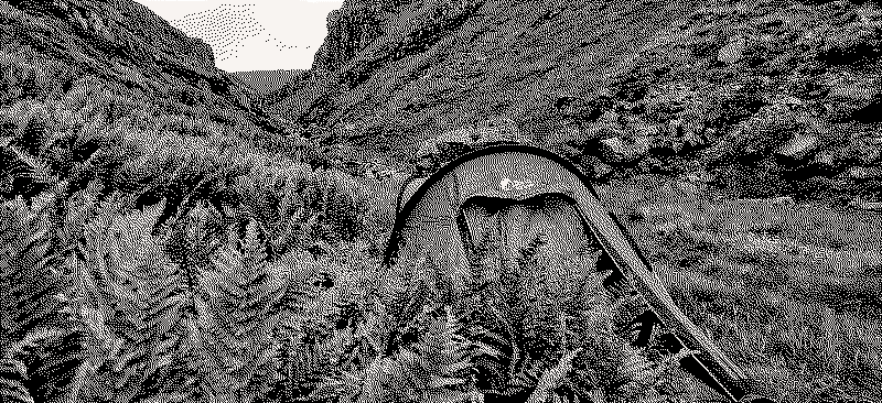Dithered image of tent amongst ferns in a valley