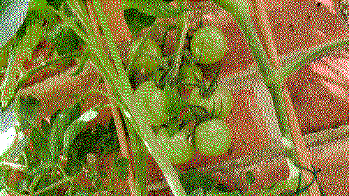 Dithered image of green tomatoes against brick wall