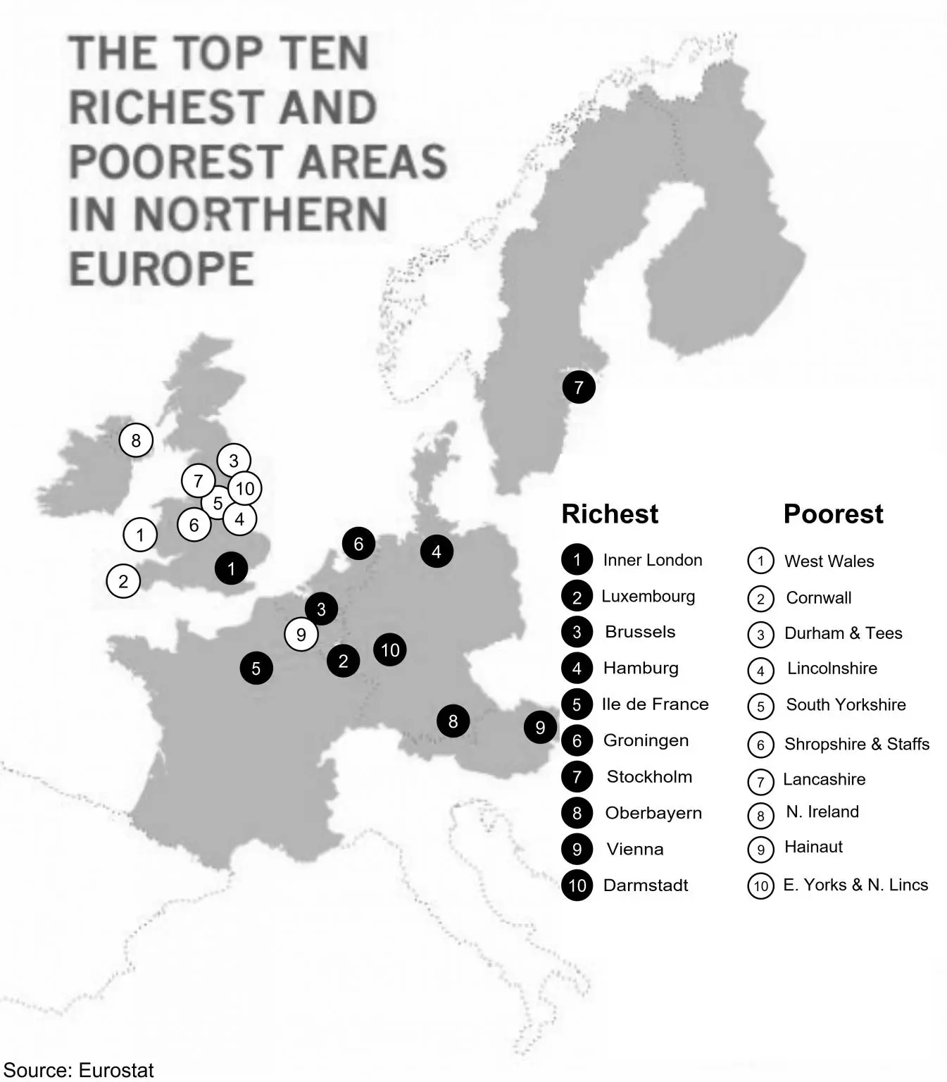 Map showing the 10 poorest areas in northern Europe. Nine of them are in the UK. 'Inner London' is the richest.