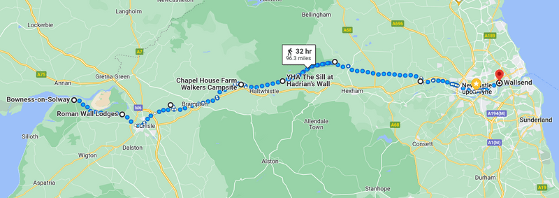 Hadrian's Wall walking route from west (Bowness-on-Solway) to east (Wallsend)