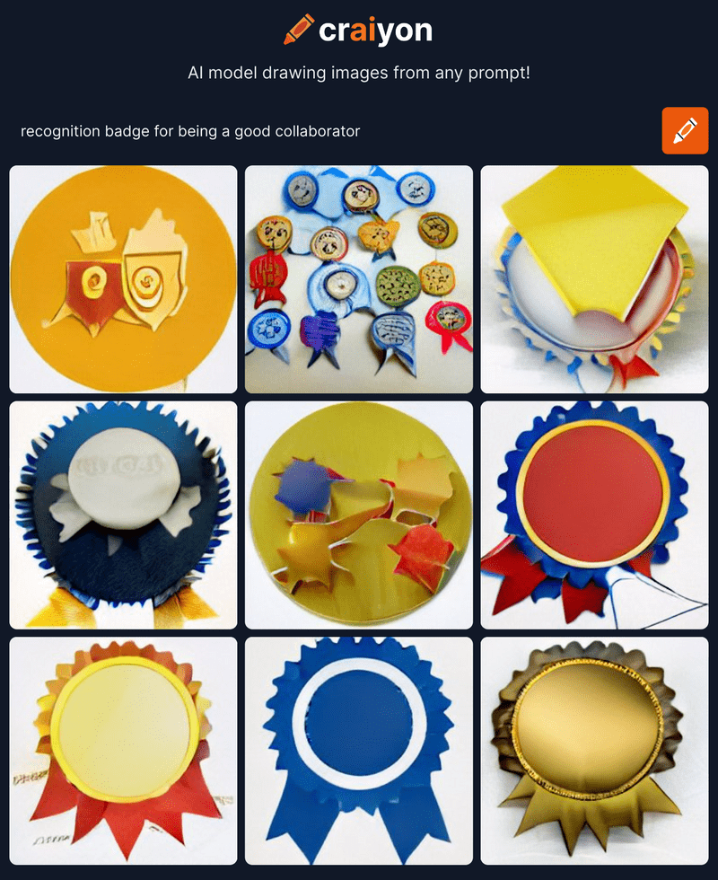 Nine images created via the Craiyon AI model showing recognition badges