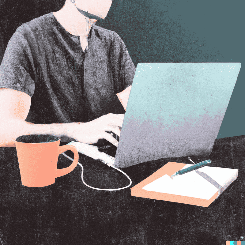 AI-generated image of person sitting at desk with laptop and coffee