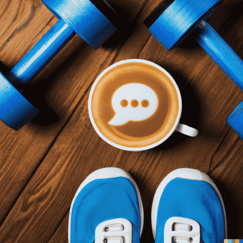 Image of coffee cup with chat symbol in foam, with a pair of running trainers and barbells