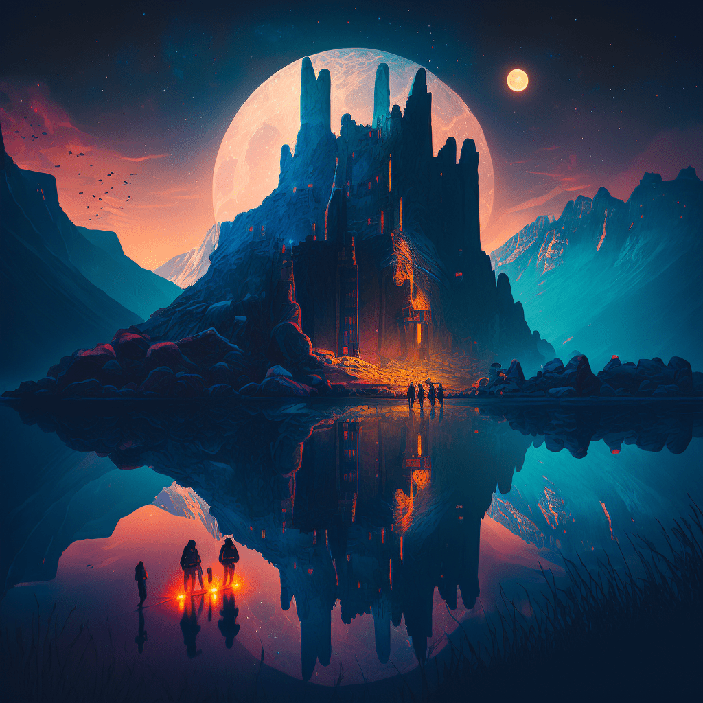Midjourney-created image with prompt: "imposing fortress castle with guards, mountain range, wide angle, people in foreground holding bright lanterns, vivid colors, max rive, dan mumford, sylvain sarrailh, detailed artwork, 8k, 32k, lively rainbow, ultra realistic, beautiful lake, moon eclipse, ultra epic composition, hyperdetailed"
