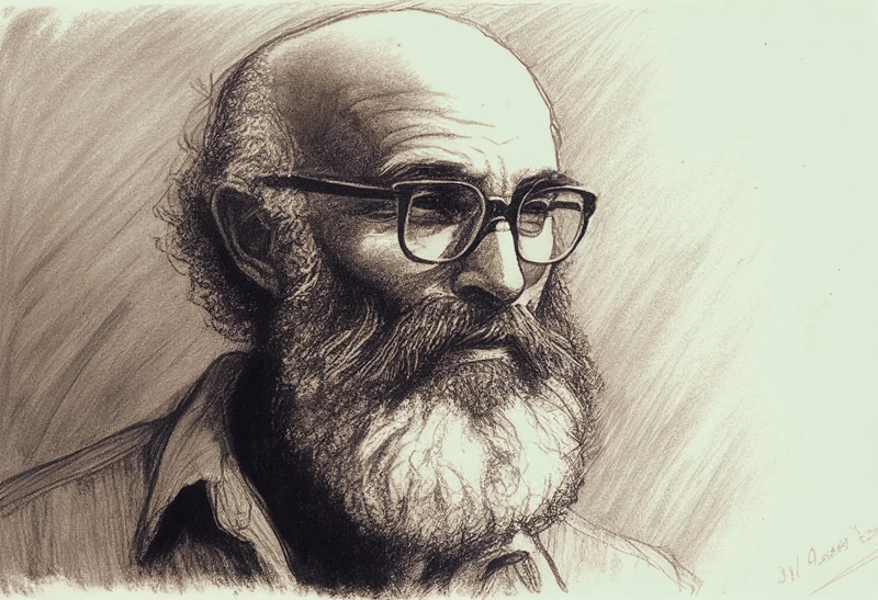 Midjourney prompt: "Paolo Freire in conversation | illustration | charcoal on white paper | balding | grey bushy beard | serious face | large retro spectacles --aspect 3:2"