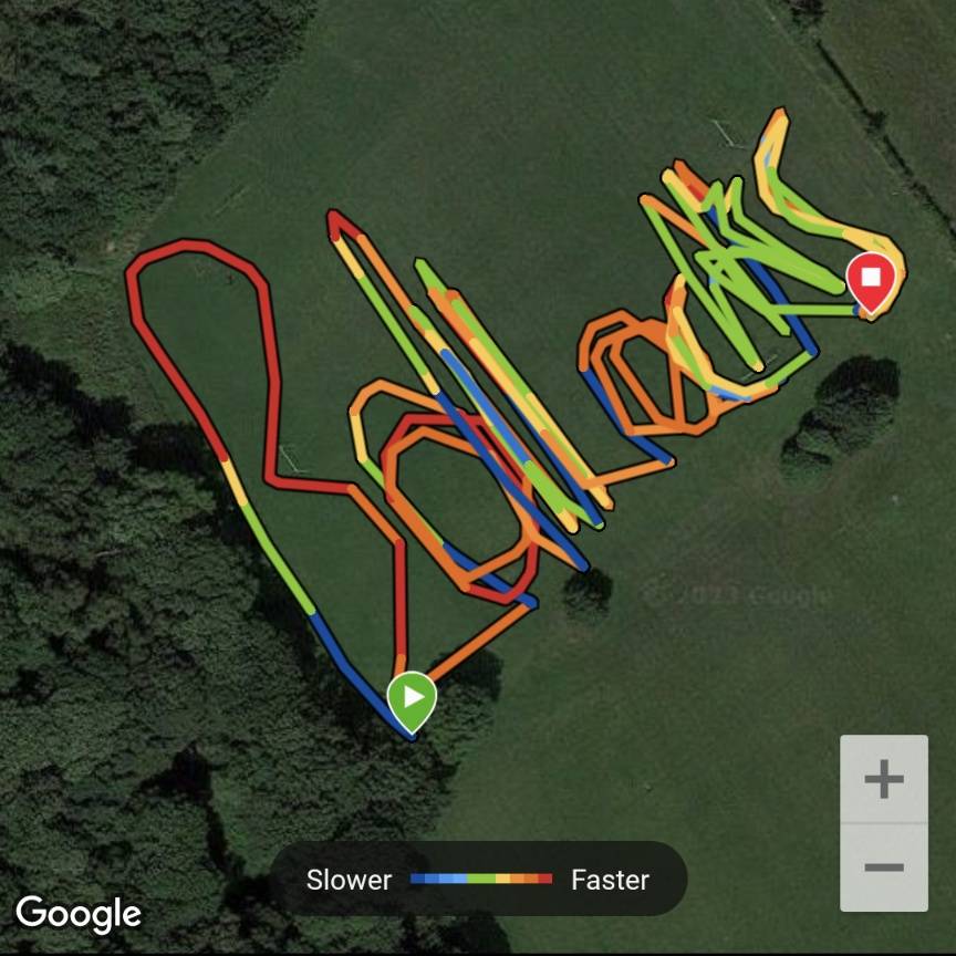 GPS "heat trail" spelling the word 'Bollocks' by running on a field and using the Garmin app (which uses Google Maps)