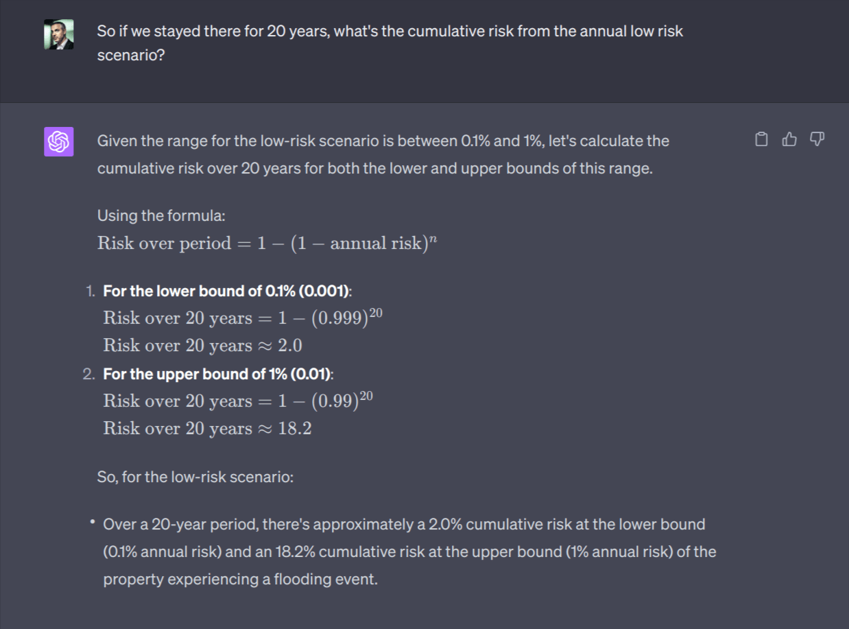 So if we stayed there for 20 years, what's the cumulative risk from the annual low risk scenario?

Given the range for the low-risk scenario is between 0.1% and 1%, let's calculate the cumulative risk over 20 years for both the lower and upper bounds of this range.

Using the formula:
\[ \text{Risk over period} = 1 - (1 - \text{annual risk})^{n} \]

1. **For the lower bound of 0.1% (0.001)**:
\[ \text{Risk over 20 years} = 1 - (0.999)^{20} \]
\[ \text{Risk over 20 years} \approx 2.0% \]

2. **For the upper bound of 1% (0.01)**:
\[ \text{Risk over 20 years} = 1 - (0.99)^{20} \]
\[ \text{Risk over 20 years} \approx 18.2% \]

So, for the low-risk scenario:
- Over a 20-year period, there's approximately a 2.0% cumulative risk at the lower bound (0.1% annual risk) and an 18.2% cumulative risk at the upper bound (1% annual risk) of the property experiencing a flooding event.