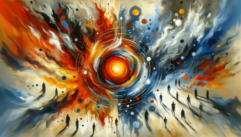 Image created by DALL-E 3 with prompt: "An abstract expressionist painting featuring a central fiery orb with chaotic, harmonious strokes radiating outward, illustrating the ripple effect of change in systems. Silhouette figures converge towards the core, navigating the complexities of change within STiP, capturing movement and transformation."