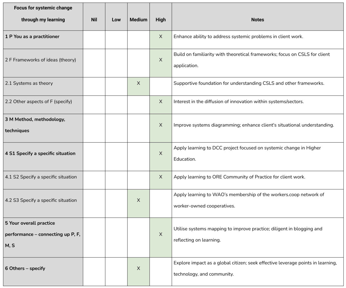 Screenshot of table entitled 'Focus for systemic change through my learning'