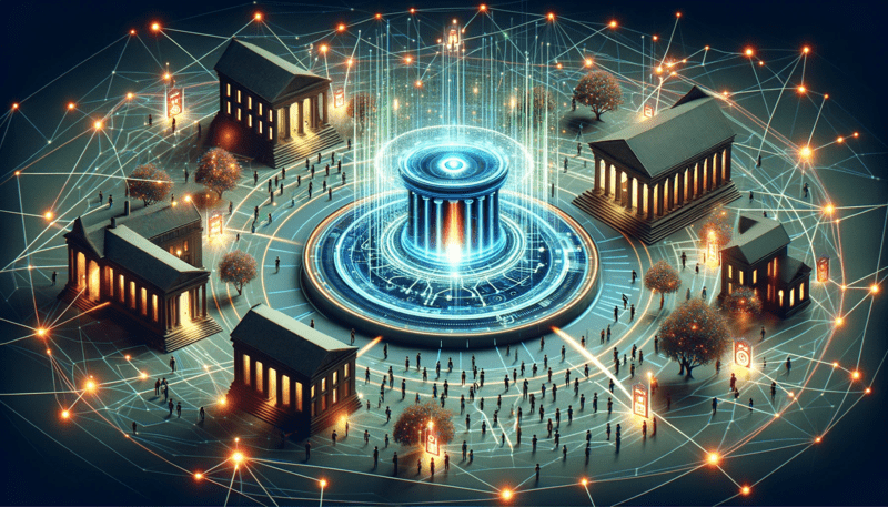 A futuristic digital landscape where traditional academic buildings are connected by glowing data streams to a central digital hub. 