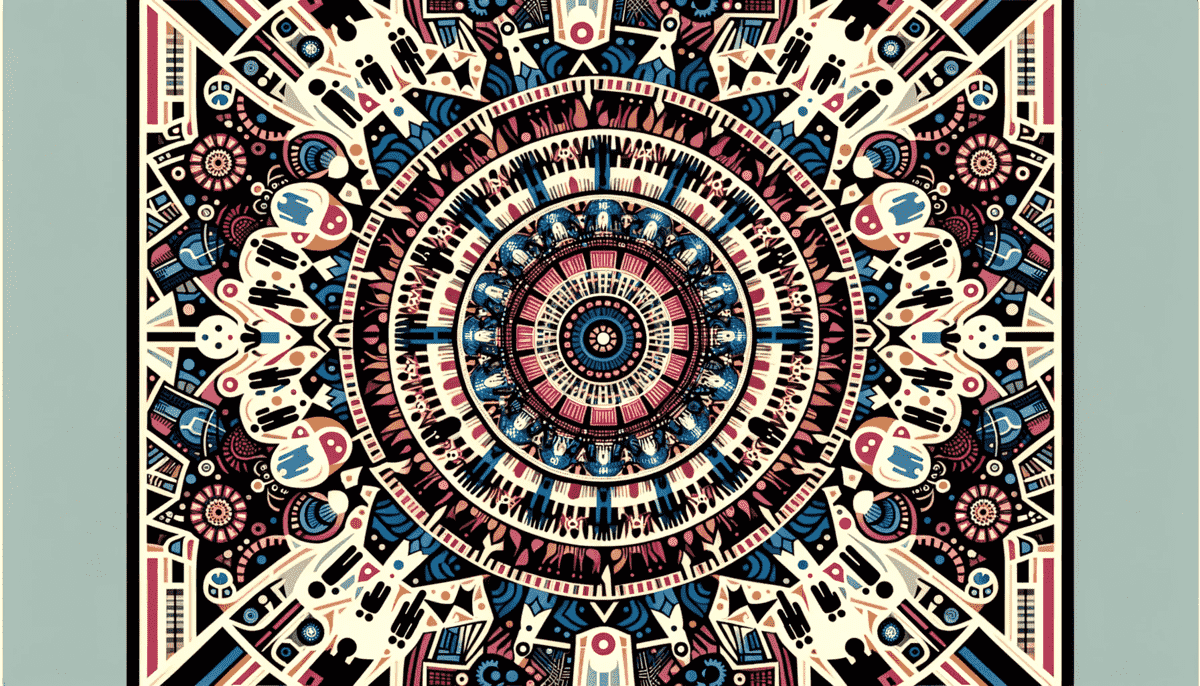 An intricate kaleidoscope pattern fills the image, with a rich tapestry of colors and shapes converging towards a central, harmonious mandala. Silhouettes of people are interwoven into the pattern, signifying the diverse collective contributing to the systemic whole in the realm of systems thinking.