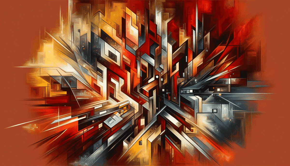 An abstract image depicting the theme of conflict in community moderation, featuring fragmented shapes and warm colors to symbolise the intensity and challenges of decision-making.