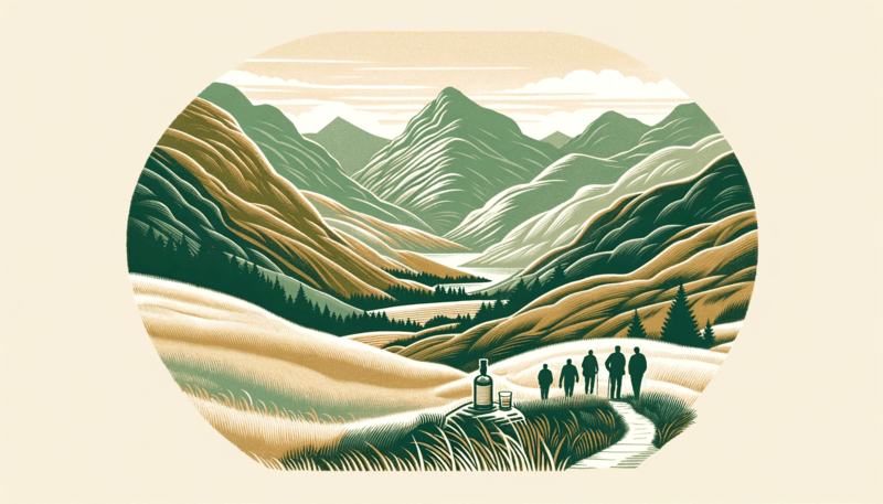 Illustration in a woodcut style depicting a serene, mountainous landscape with rolling hills and varying elevations. A visible trail winds through the hills, and a small group of stylized people are seen walking along it, engaging in conversation. A whisky bottle and glass rest on a rock in the foreground, subtly included as a reference point. The palette features soft, natural tones like greens, browns, and greys, creating a tranquil atmosphere ideal for contemplation. The sky has gentle cloud patterns, adding to the peaceful setting
