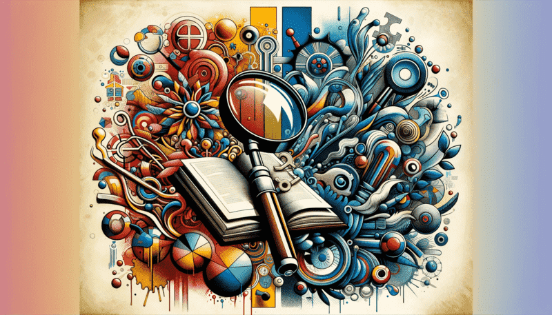 An artistic depiction in a street art style, emphasizing the theme of word definitions. The artwork features a central open book symbol, overlaid with a transparent magnifying glass. Surrounding the book are abstract shapes and lines, representing the flow and expansion of knowledge. The colour palette is vibrant yet harmonious, creating a dynamic and thought-provoking visual metaphor for the pursuit of learning and the complexity of language.
