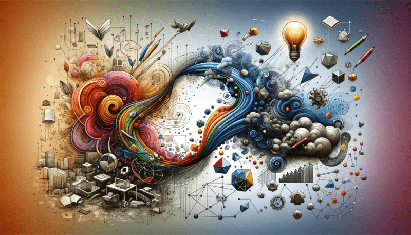 An artistic depiction emphasizing the 'design turn' in knowledge and learning. The image displays a stark contrast between two halves: the left side features structured, linear patterns in monochromatic tones, representing conventional learning systems. The right side bursts with colorful, abstract shapes and swirls in a spectrum of reds, yellows, and blues, symbolizing a shift to creative, user-centric design thinking. The central area, where these two halves meet, blends the elements, illustrating the transformative journey from traditional methodologies to innovative, design-led paradigms.