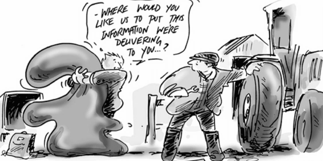 The image shows a cartoon of two characters in a rural setting, likely a farm. On the left, someone is heaving an amorphous package out of a van. A speech bubble reads, 'Where would you like us to put this information we're delivering to you...?'  On the right, a farmer stands leaning on a fence, looking perplexed by the question, with a large tractor behind him. The image comically represents the concept of delivering information in a non-digital, traditional context.