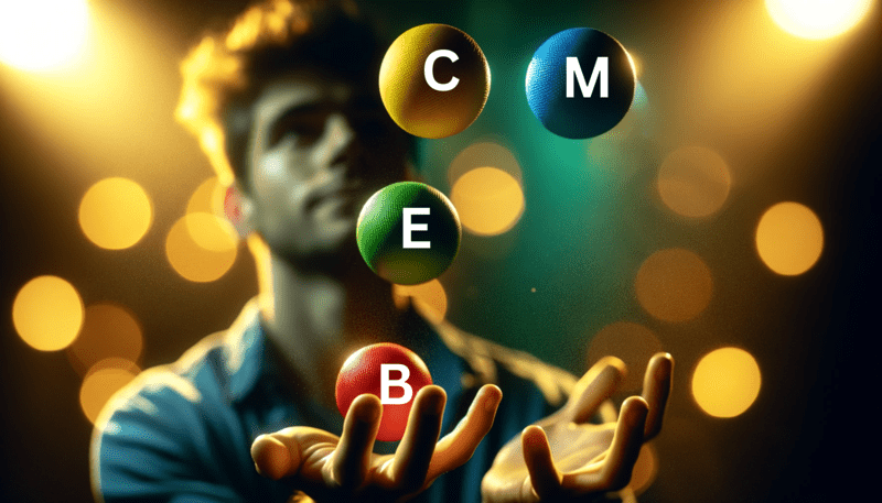 A person in the centre of the frame against a blurred background, juggling four brightly coloured, slightly squishy balls in red (labelled 'B'), green ('E'), yellow ('C'), and blue ('M').