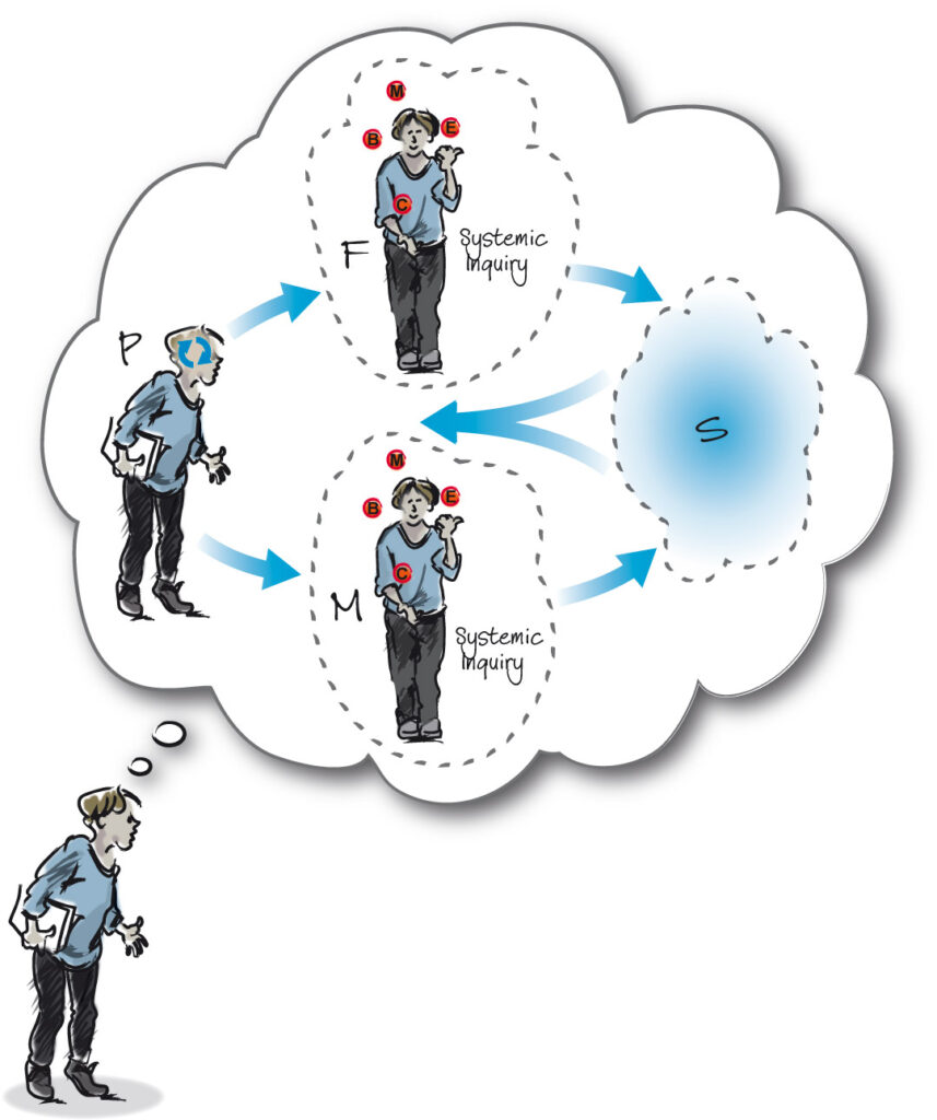 The image illustrates the PFMS heuristic where a practitioner (P) is engaging in a systemic inquiry within a situation (S). The practitioner is considering various frameworks (F) and methods (M) in an iterative cycle. 

F and M are represented as systemic enquiries where a practitioner is juggling balls labelled B, E, C, and M which relate to the juggler isophor. 
