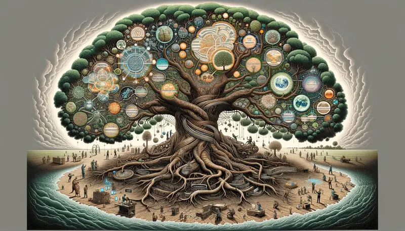 An intricate, wide illustration of a giant tree symbolising the Hawkesbury approach, with diverse branches of knowledge and leaves as academic disciplines, in a dynamic rural Australian setting, without any text elements.