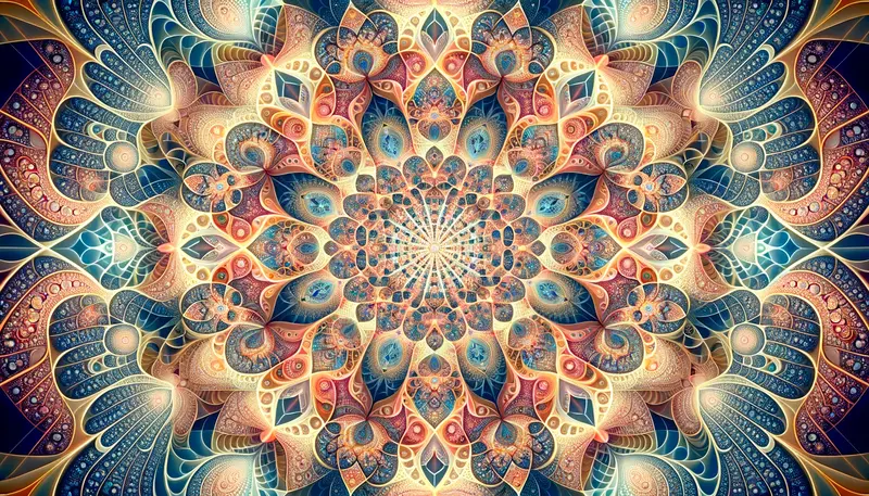 A kaleidoscopic image visualizing the fractal-like expansion of a community of practice from a central core to a broad network, depicted through symmetrical, repeating patterns that reflect the intricate growth and diversity within the community.