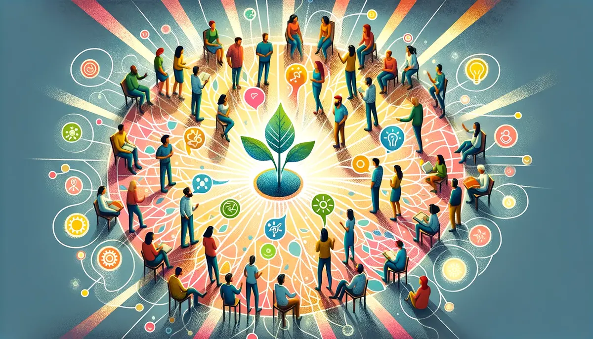 A human-centric illustration depicting diverse characters around a circular layout, with a vibrant tree at the centre, representing ideas and dialogue through symbols and soft colours.