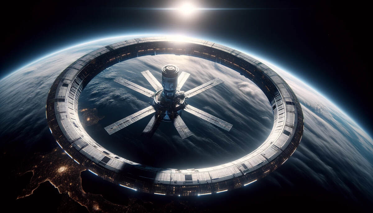 A single, massive ring-shaped space station orbits Earth, embodying the height of human technological advancement. The structure is centered around a robust core with extended panels, reflecting sunlight on one side and cast in the shadow of space on the other. Below, Earth's surface is a tapestry of blue oceans, clouds, and scattered lights of human civilization, illustrating the contrast between the planet and the space colony. The image conveys a sense of isolation and progress, presented in a widescreen format that emphasizes the scale and grandeur of the space station against the vastness of space.

