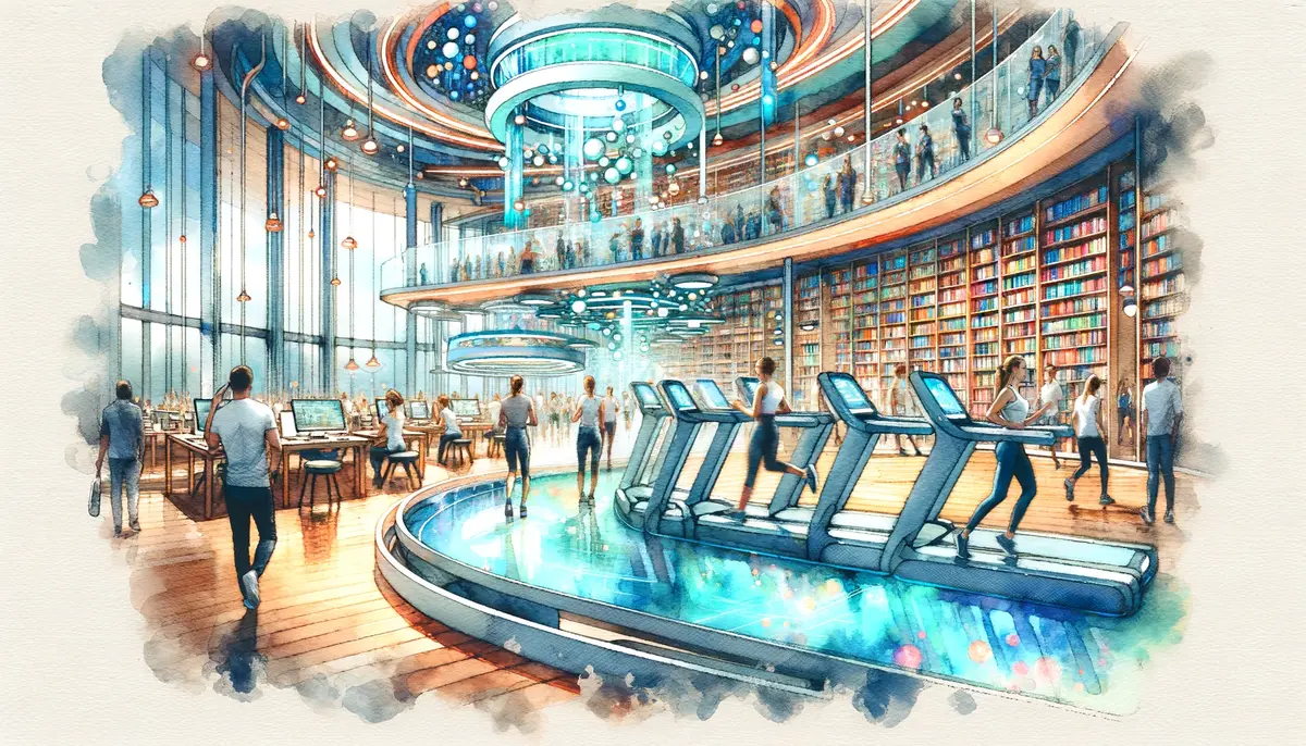 The image portrays a vibrant watercolor scene that seamlessly combines a futuristic library with a communal gym. On one side, the library is filled with individuals engaged in study amidst advanced technological elements, such as holographic displays and interactive workstations, set against a backdrop of soft, diffused light. The characters appear focused and connected, symbolizing a collective pursuit of knowledge. Transitioning to the other side, the scene shifts to a gym where people exercise on treadmills equipped with futuristic interfaces. These treadmills face out towards expansive windows that offer views of a digitally enhanced landscape, blending urban architecture with natural beauty. The entire scene is rendered in watercolors, giving it a fluid, dynamic quality that emphasizes the integration of technology with human activity and the natural world.