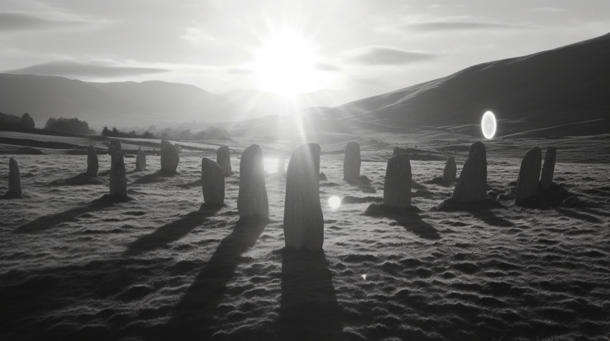 An AI-generated black and white 'photo' of standing stones featuring lens flare from the sun