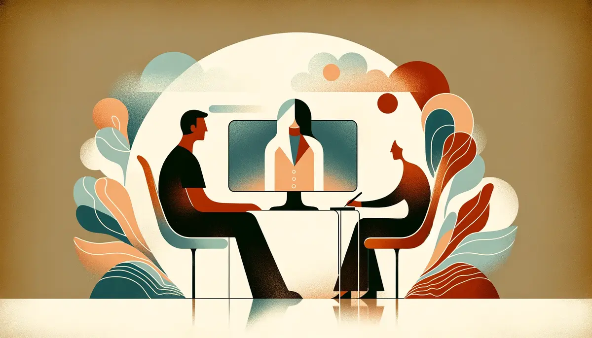 This illustration abstracts the essence of a video conference between the student and his tutor into minimalist forms and colours. It communicates the flow of knowledge and connection through its simplified, elegant design, focusing on the interaction without the clutter of detailed surroundings.