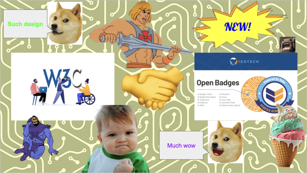 Slide showing W3C and Open Badges logos along with mems and various silliness