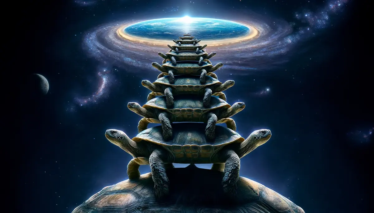 A fantastical image of a stack of decreasing-sized turtles ascending towards a glowing ringed planet in a star-filled galaxy.