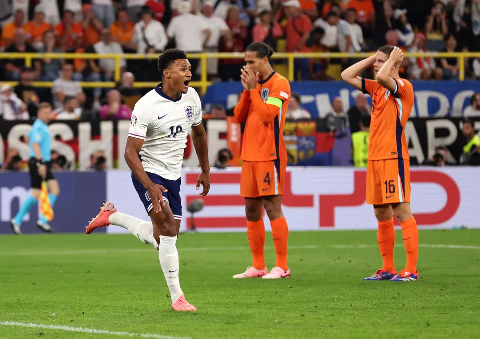 Ollie Watkins celebrates after scoring for England against the Netherlands.