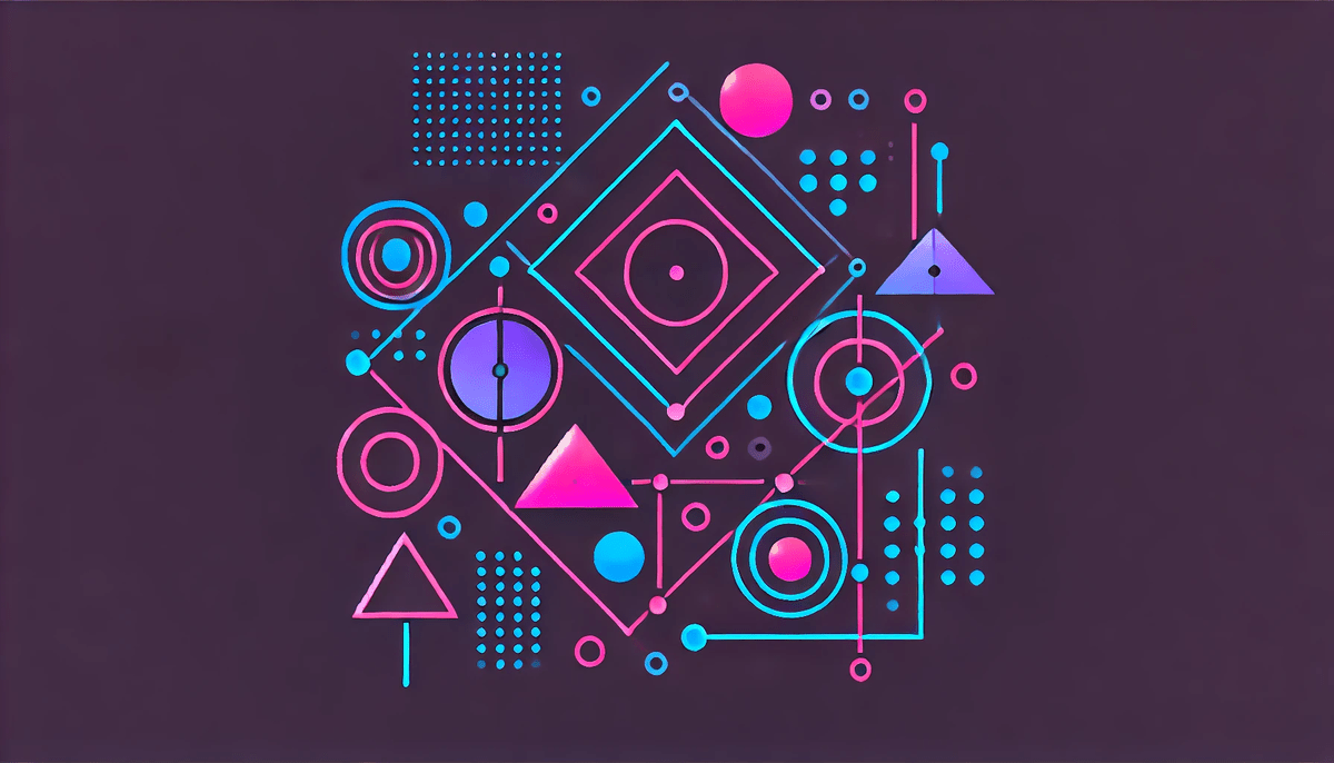 An abstract geometric design with a dark purple background. The shapes are in neon pink and neon blue, with connecting lines in electric blue. The design is minimalist and balanced, featuring various geometric shapes like circles, triangles, and squares, all arranged harmoniously. The overall aesthetic is in a synthwave style.