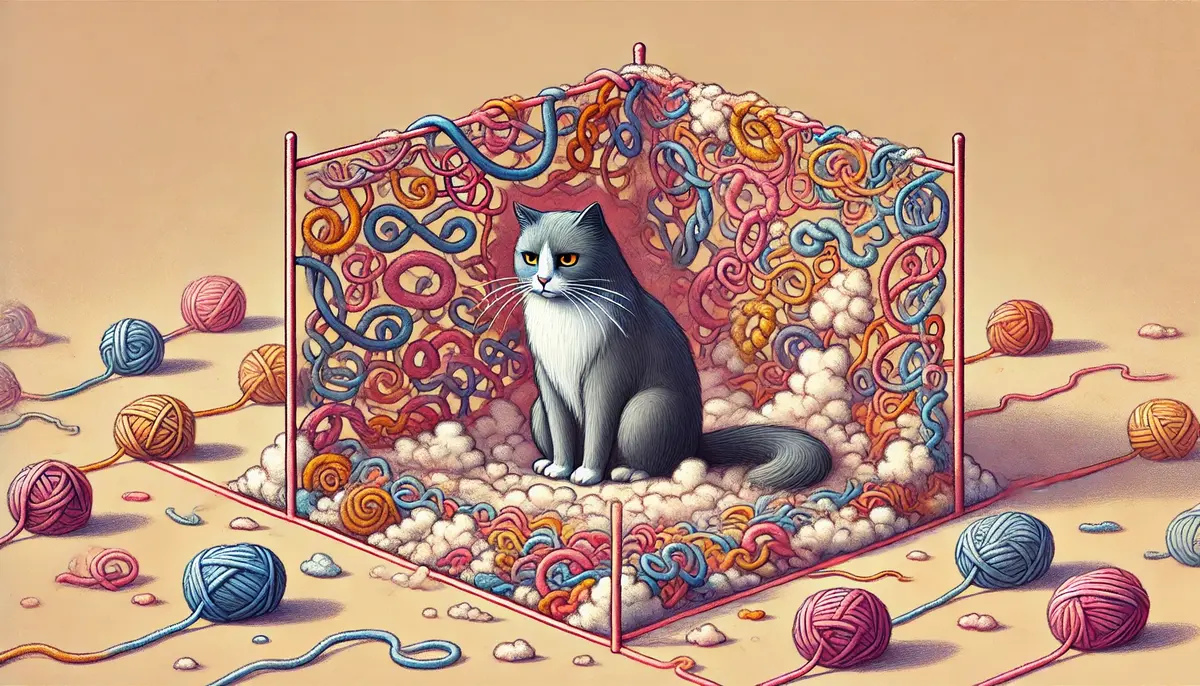 A whimsical illustration of a serious cat sitting inside a boundary made of colorful wool. The wool is intricately looped, knotted, and has a soft, fluffy, and highly detailed texture. The cat appears deep in thought, as if pondering the meaning of the wool boundary around it. The background is minimalistic with soft pastel colors, focusing attention on the cat and the wool. The overall scene is playful yet reflective, combining a cartoonish style with realistic wool details.