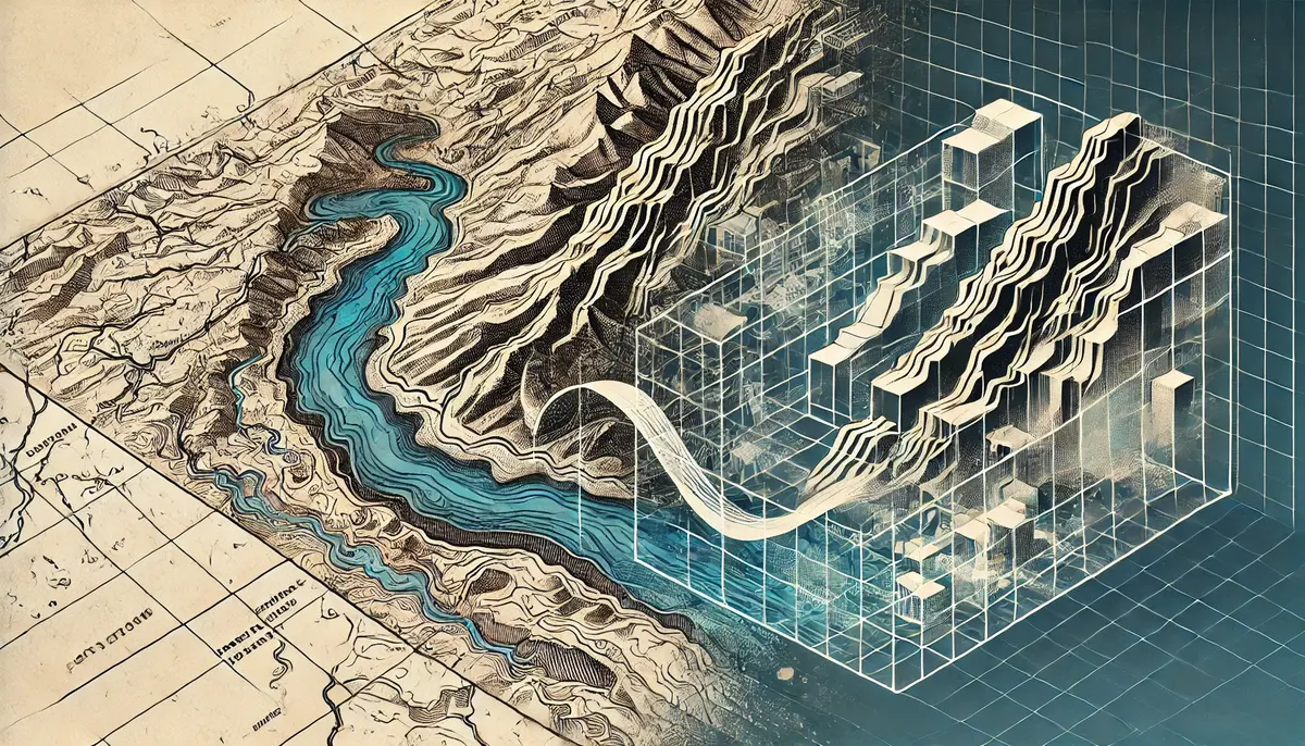 An intricate illustration depicting the transition from a detailed map on the left, through a simplified blueprint in the center, to an abstract 3D model on the right. The map shows natural features like rivers and mountains, the blueprint reduces these to lines and geometric shapes, and the 3D model further abstracts them into simple forms. The background transitions from a detailed terrain pattern on the left to a grid pattern on the right, symbolizing the increasing level of abstraction from reality.