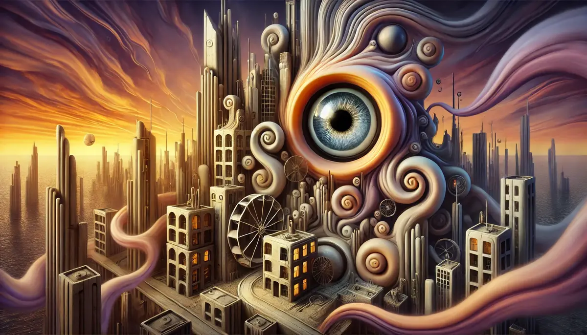 A surrealist cityscape featuring whimsical, flowing buildings that merge organic forms with mechanical structures. At the center of the scene is a large, all-seeing eye embedded within the architecture, symbolizing the observer's role in constructing reality. The image is bathed in soft, warm twilight hues of deep purple, orange, and gold, creating an otherworldly atmosphere that evokes curiosity and introspection.