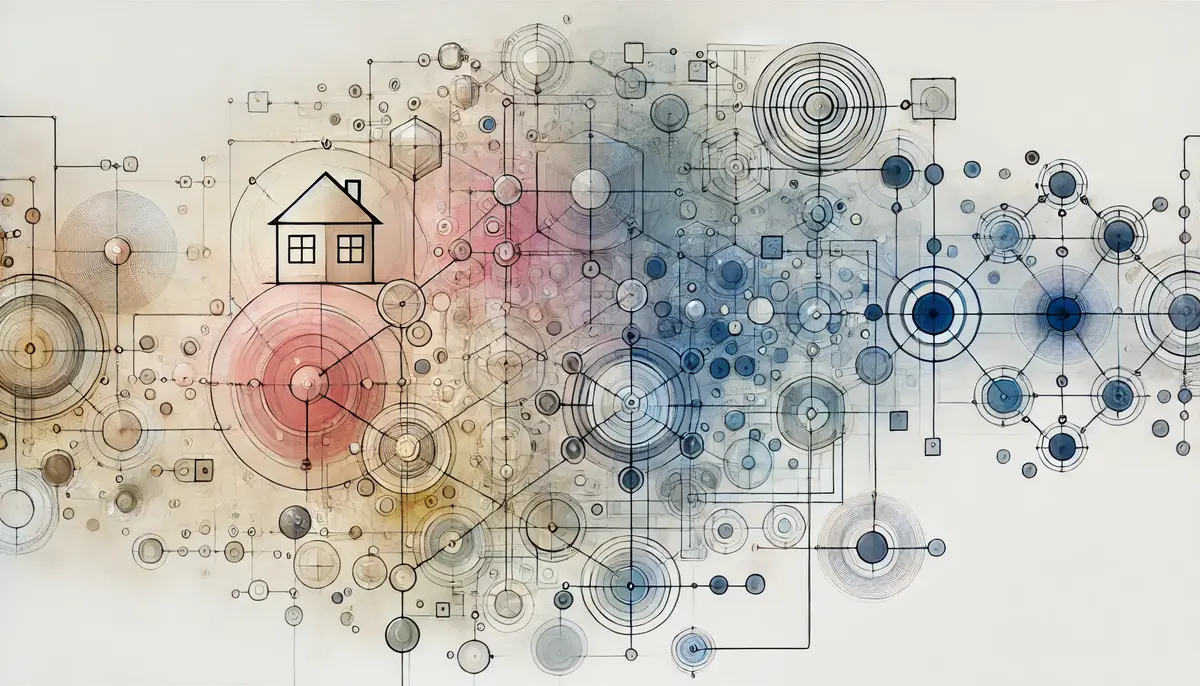 An abstract image that represents the concept of systems thinking and ethical considerations. It visualises interconnected systems, layers of abstraction, and design boundaries.